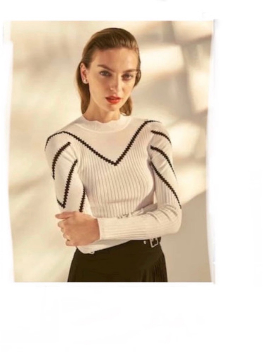 Karen Millen Cream Sweater with Black Chevron Trim